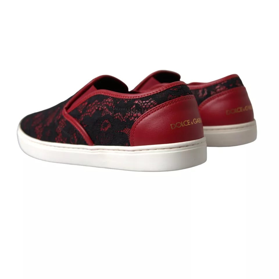 Dolce &amp; Gabbana Black Red Lace Slip On Low Top Sneakers Shoes