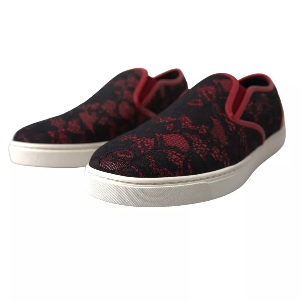 Dolce &amp; Gabbana Black Red Lace Slip On Low Top Sneakers Shoes