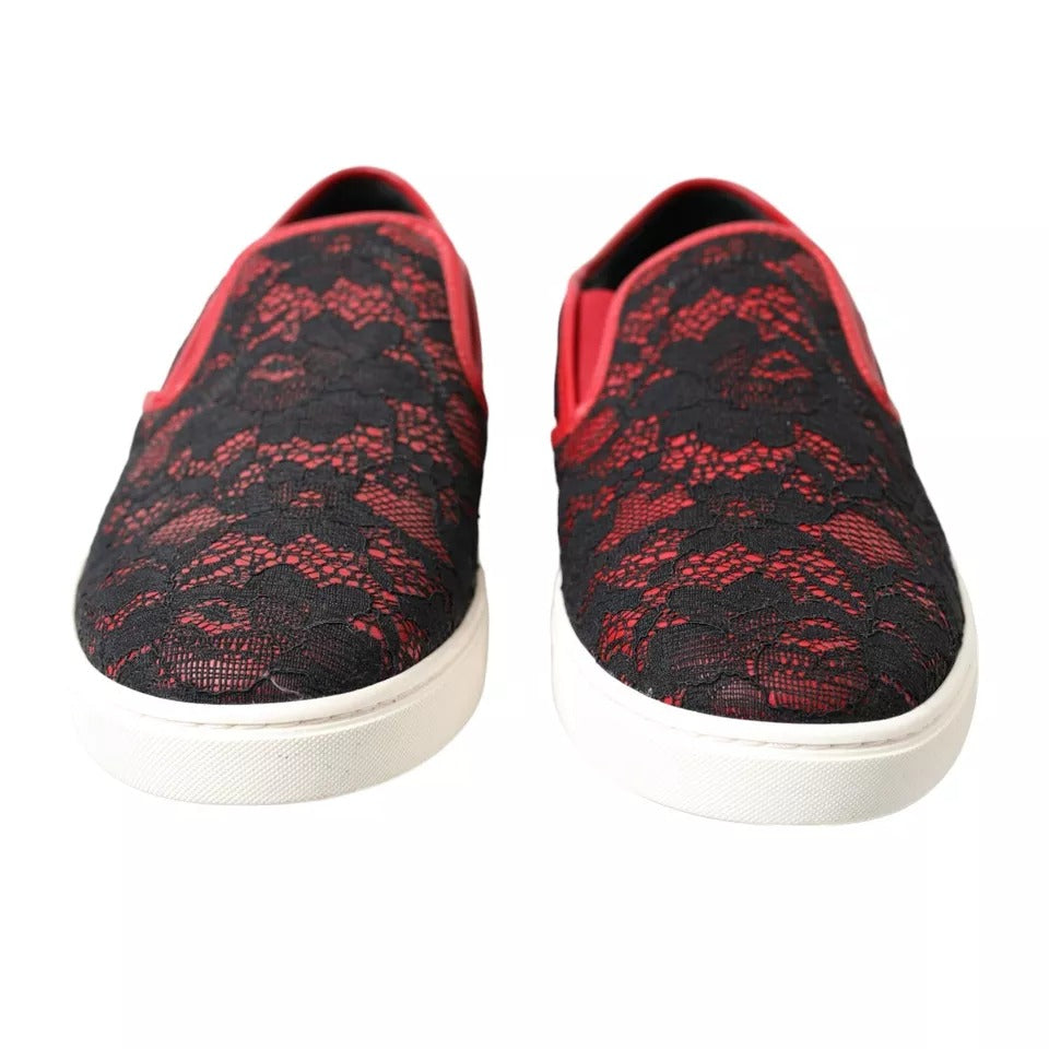 Dolce &amp; Gabbana Black Red Lace Slip On Low Top Sneakers Shoes