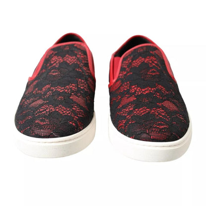 Dolce &amp; Gabbana Black Red Lace Slip On Low Top Sneakers Shoes