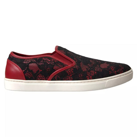 Dolce &amp; Gabbana Black Red Lace Slip On Low Top Sneakers Shoes