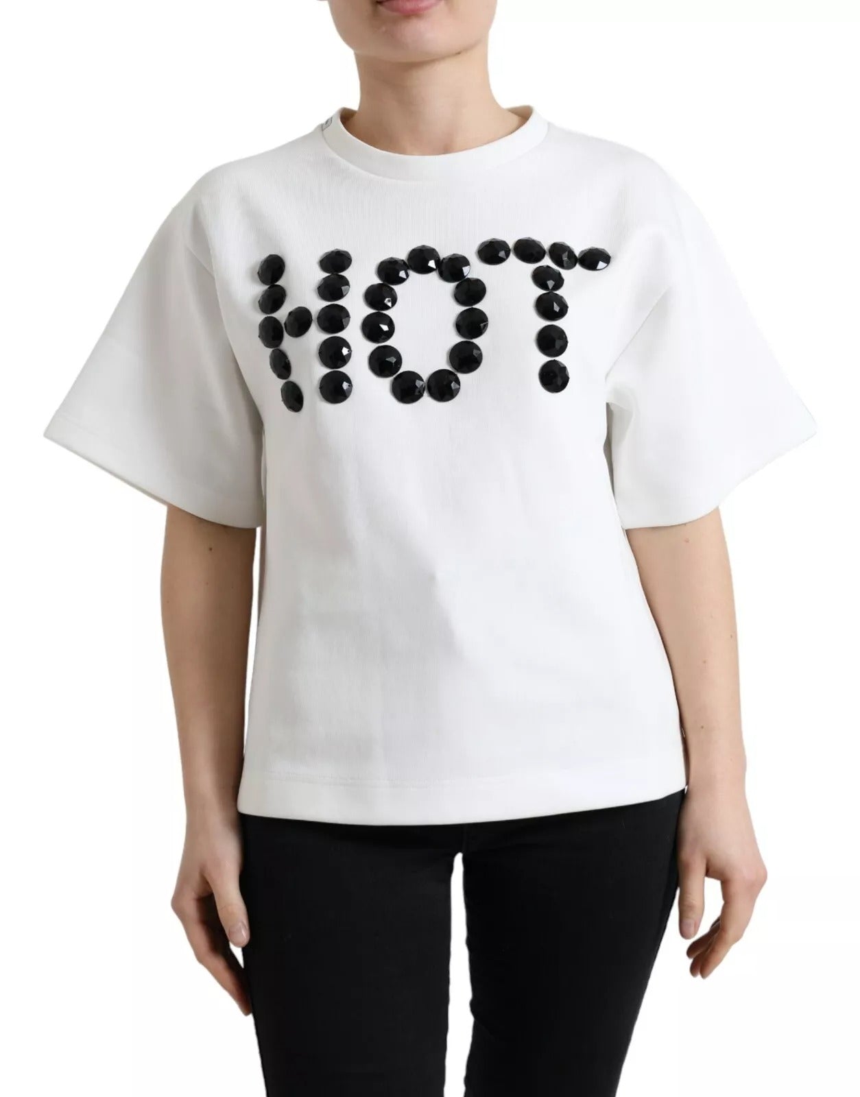 T-shirt Dolce &amp; Gabbana en coton stretch blanc et cristaux noirs