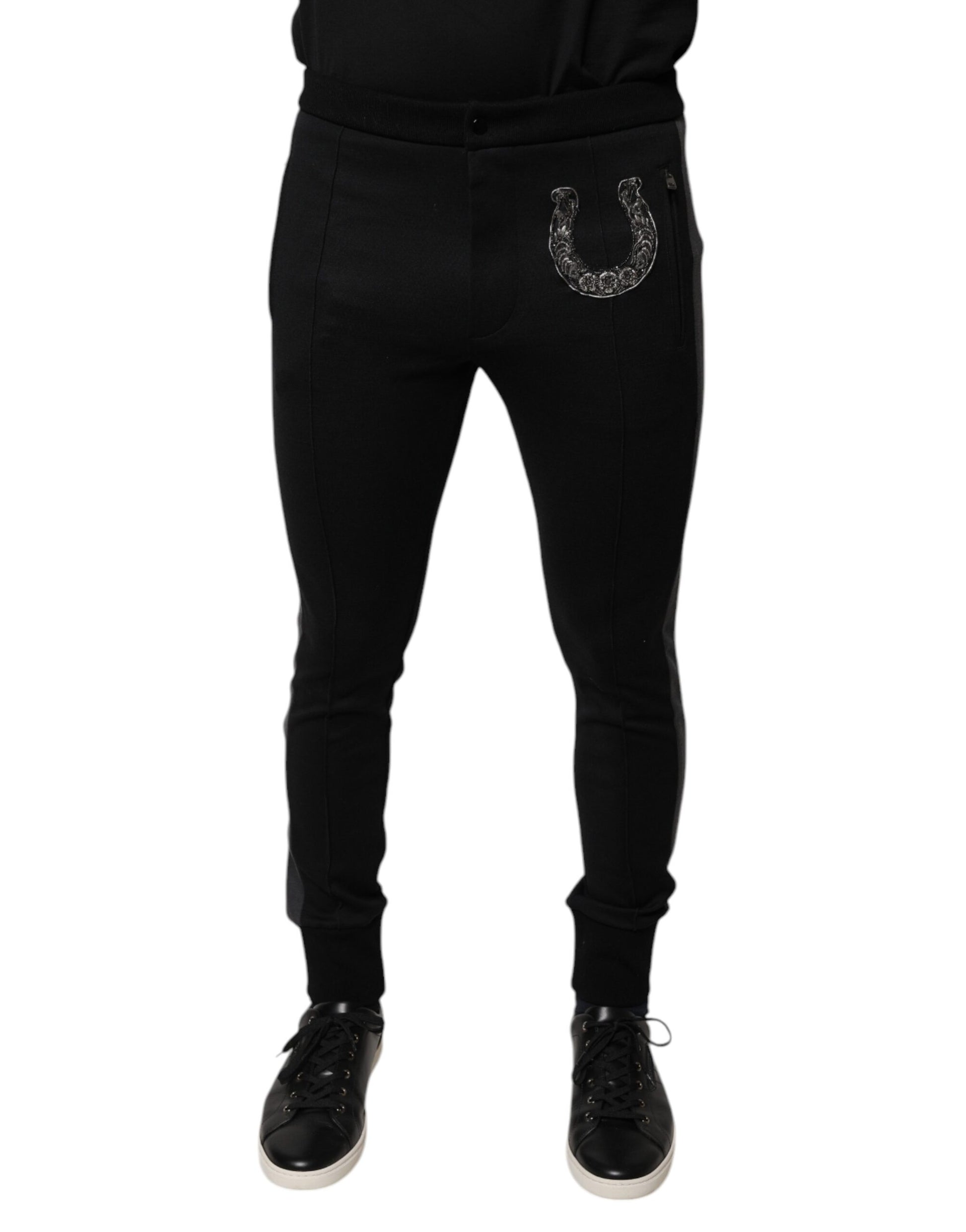 Dolce & Gabbana Black Horseshoe Embellished Wool Slim Fit Pants by Dolce & Gabbana