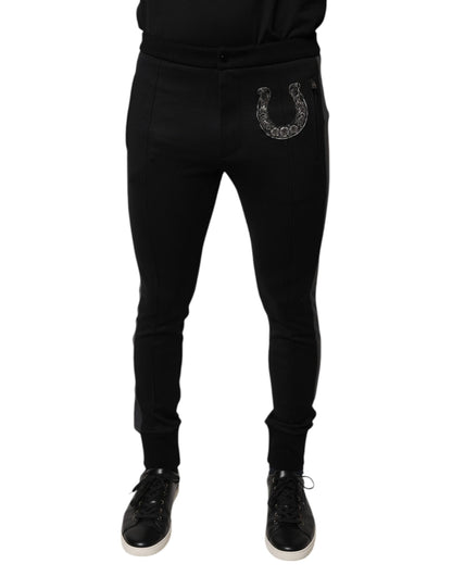 Dolce & Gabbana Black Horseshoe Embellished Wool Slim Fit Pants by Dolce & Gabbana