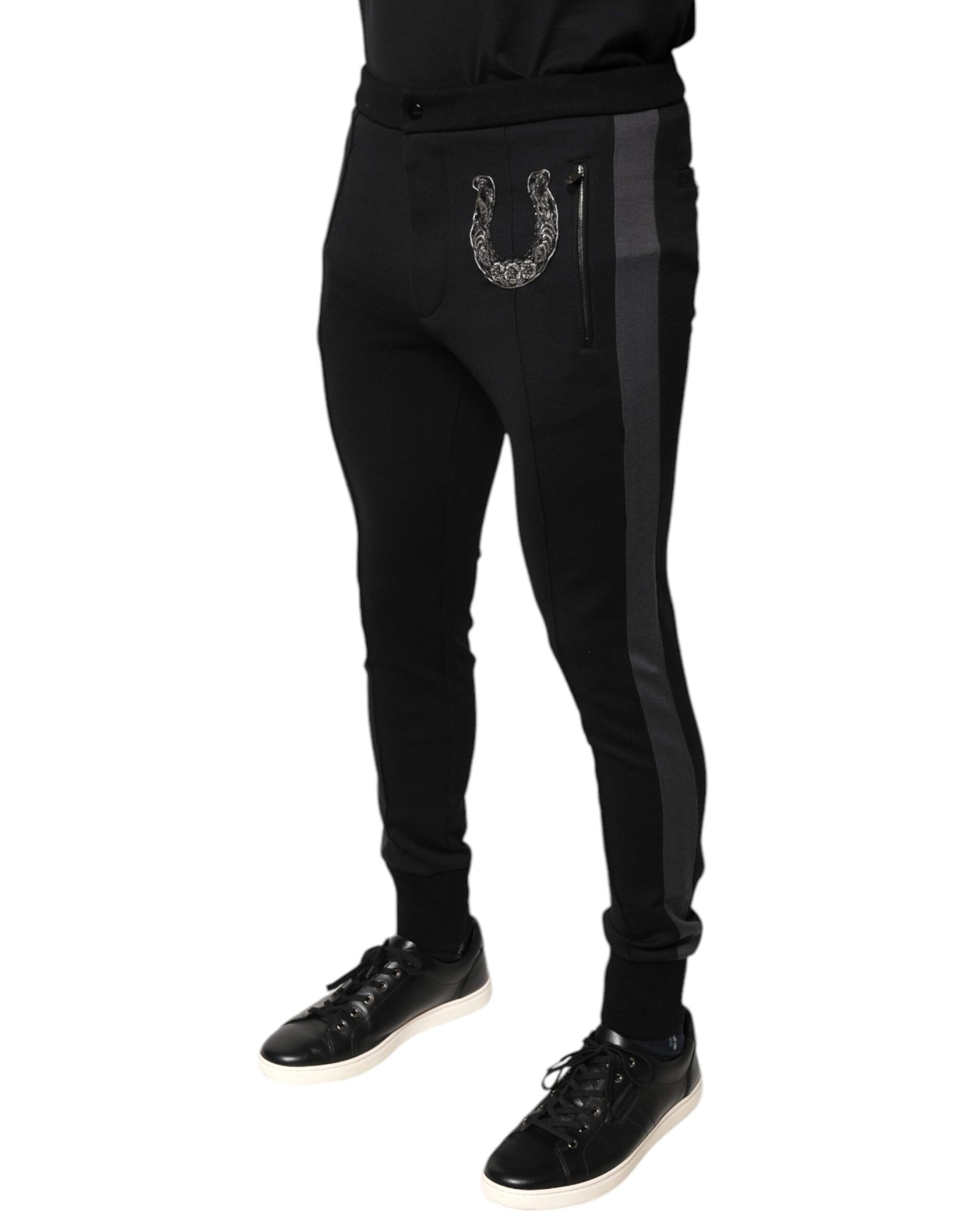 Dolce & Gabbana Black Horseshoe Embellished Wool Slim Fit Pants by Dolce & Gabbana