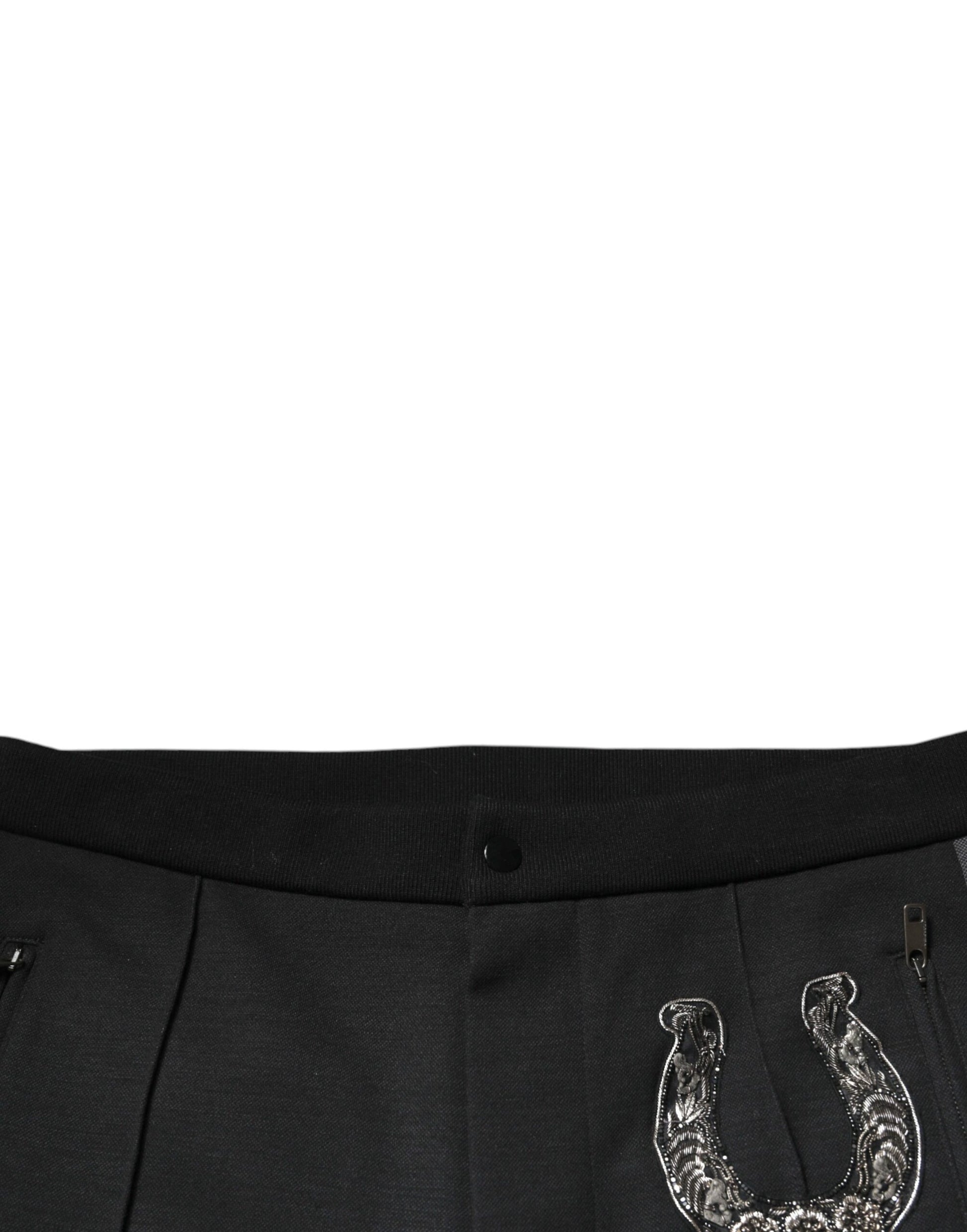 Dolce & Gabbana Black Horseshoe Embellished Wool Slim Fit Pants by Dolce & Gabbana