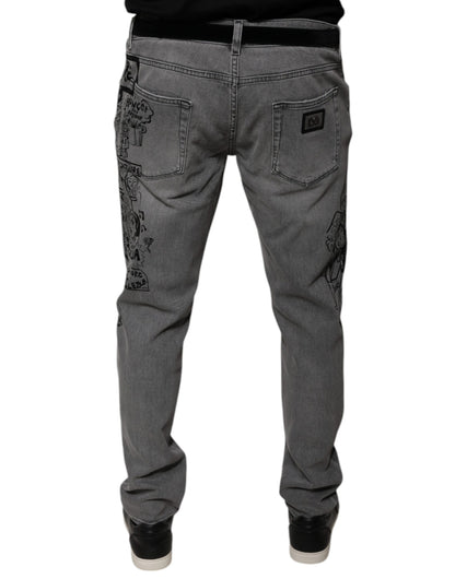 Dolce & Gabbana Gray Graphic Print Cotton Skinny Denim Jeans by Dolce & Gabbana