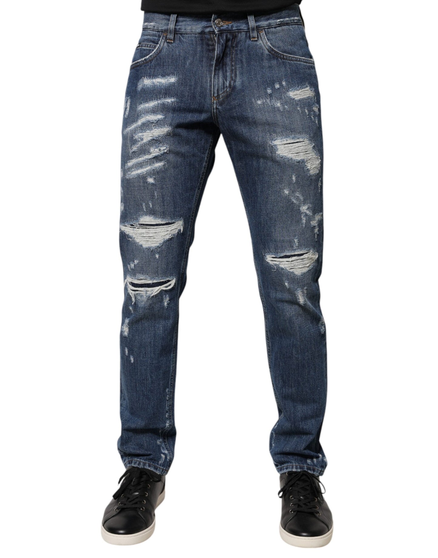 Dolce & Gabbana Blue Cotton Tattered Skinny Denim Jeans by Dolce & Gabbana