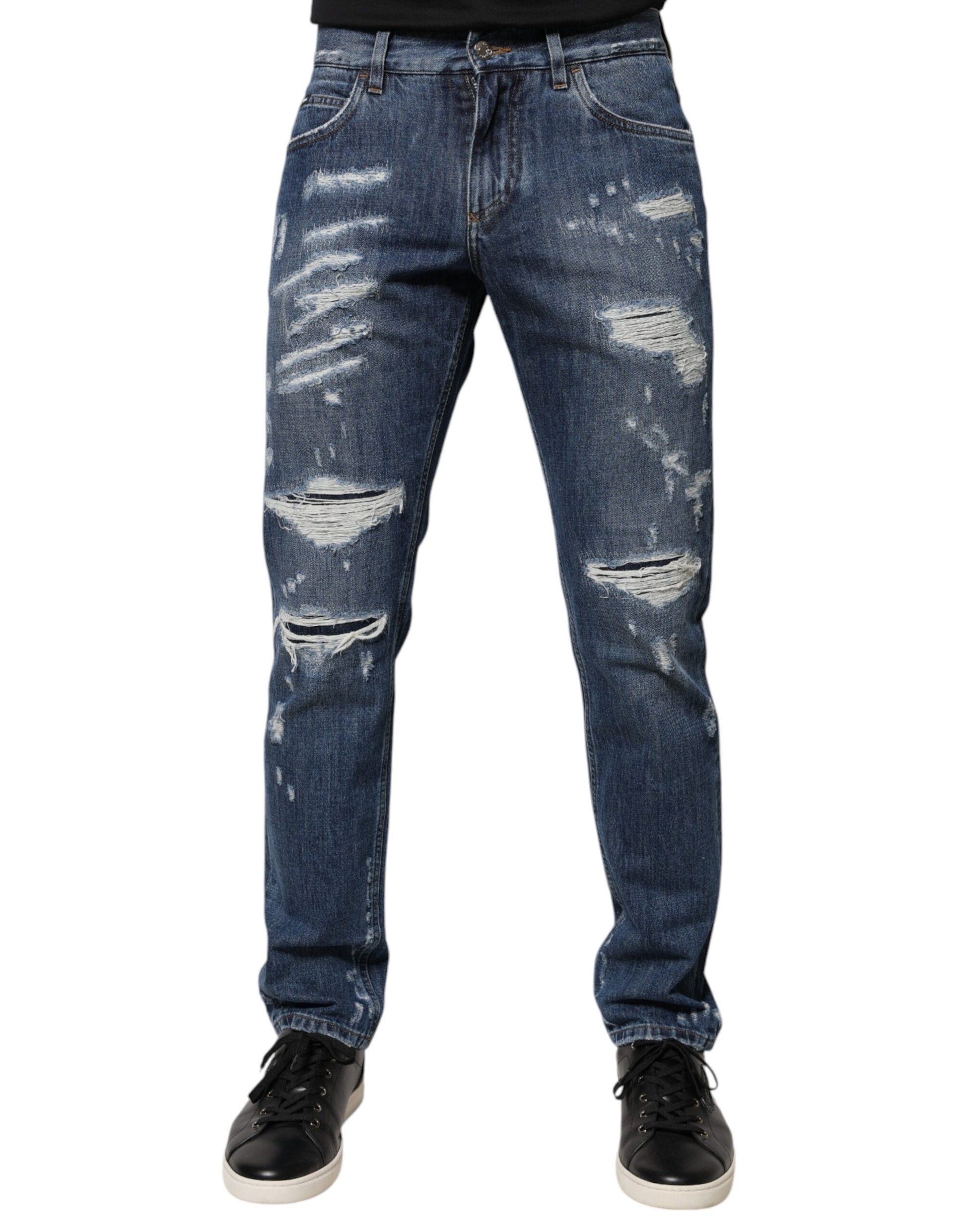 Dolce & Gabbana Blue Cotton Tattered Skinny Denim Jeans by Dolce & Gabbana