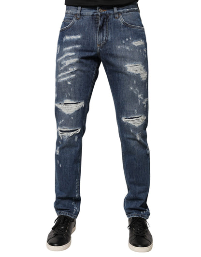 Dolce & Gabbana Blue Cotton Tattered Skinny Denim Jeans by Dolce & Gabbana