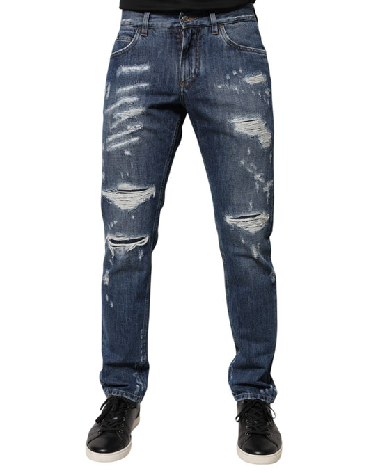 Dolce & Gabbana Blue Cotton Tattered Skinny Denim Jeans by Dolce & Gabbana