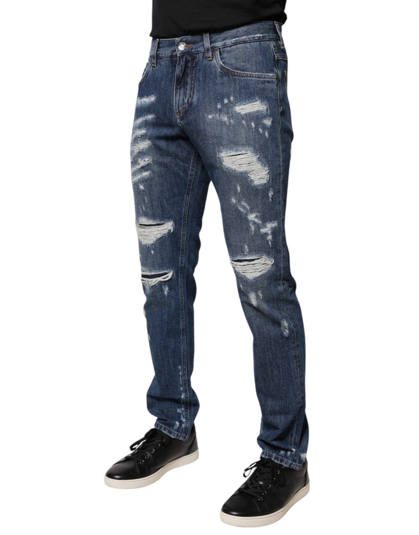 Dolce & Gabbana Blue Cotton Tattered Skinny Denim Jeans by Dolce & Gabbana