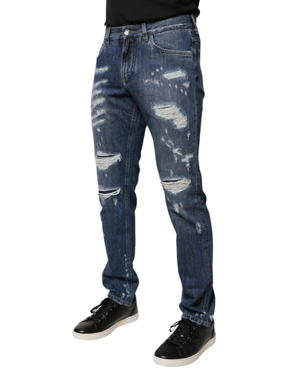 Dolce & Gabbana Blue Cotton Tattered Skinny Denim Jeans by Dolce & Gabbana