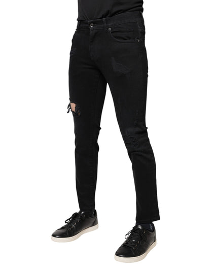 Dolce & Gabbana Black Cotton Tattered Skinny Denim Logo Jeans by Dolce & Gabbana