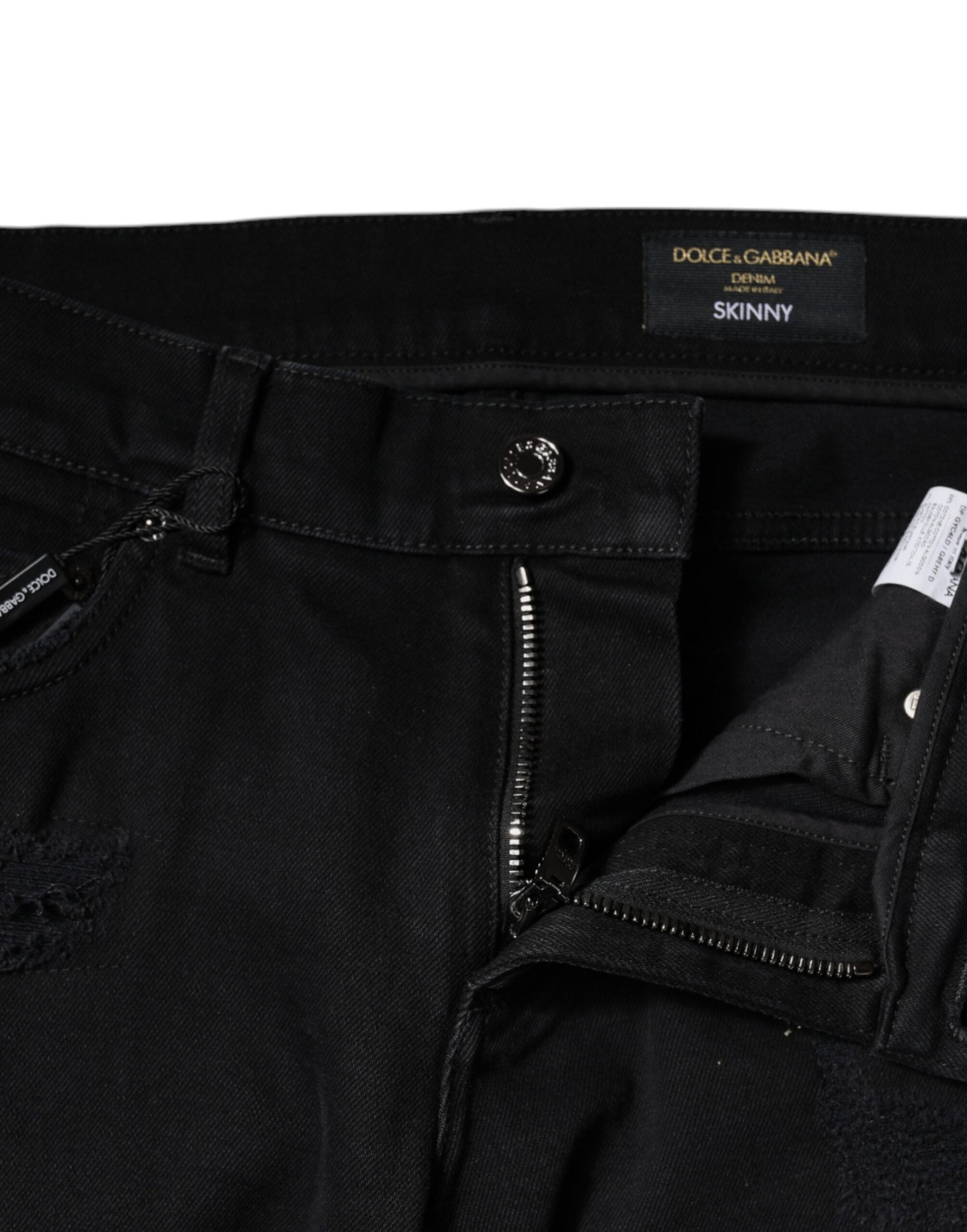 Dolce & Gabbana Black Cotton Tattered Skinny Denim Logo Jeans by Dolce & Gabbana
