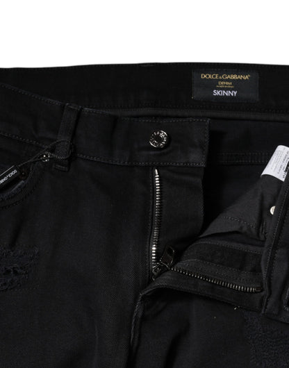 Dolce & Gabbana Black Cotton Tattered Skinny Denim Logo Jeans by Dolce & Gabbana