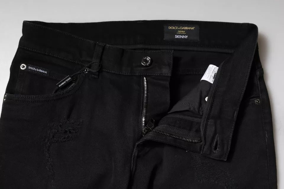 Dolce & Gabbana Black Cotton Tattered Skinny Denim Logo Jeans by Dolce & Gabbana