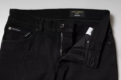 Dolce & Gabbana Black Cotton Tattered Skinny Denim Logo Jeans by Dolce & Gabbana