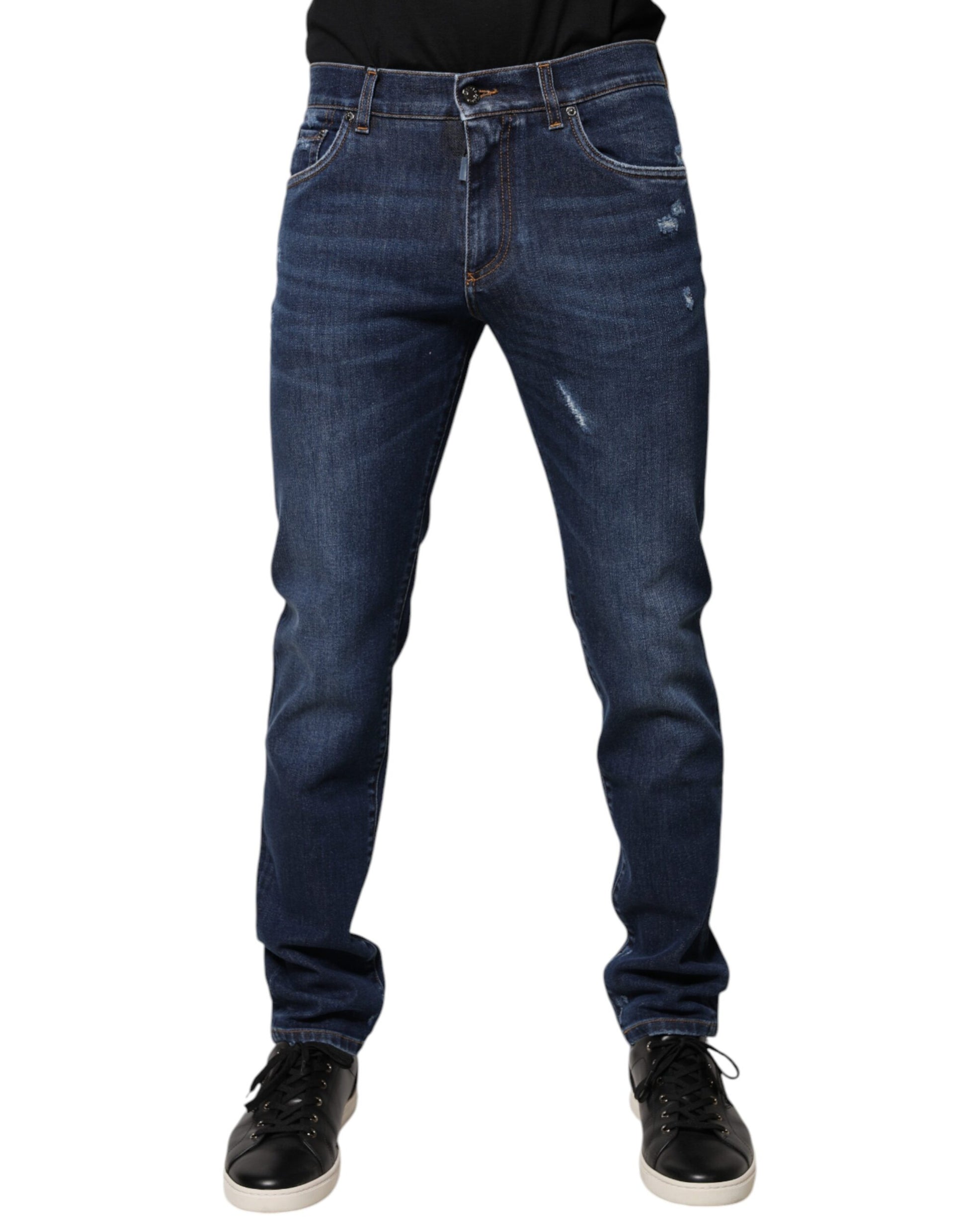 Dolce & Gabbana Blue Cotton Logo Print Slim Fit Denim Jeans by Dolce & Gabbana