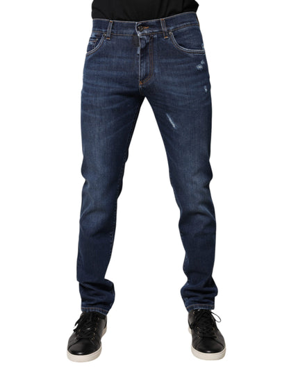 Dolce & Gabbana Blue Cotton Logo Print Slim Fit Denim Jeans by Dolce & Gabbana