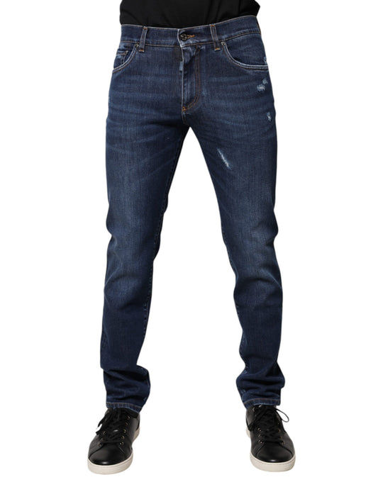 Dolce & Gabbana Blue Cotton Logo Print Slim Fit Denim Jeans by Dolce & Gabbana