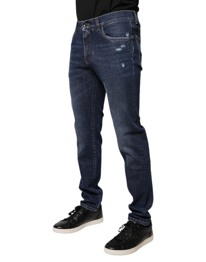 Dolce & Gabbana Blue Cotton Logo Print Slim Fit Denim Jeans by Dolce & Gabbana