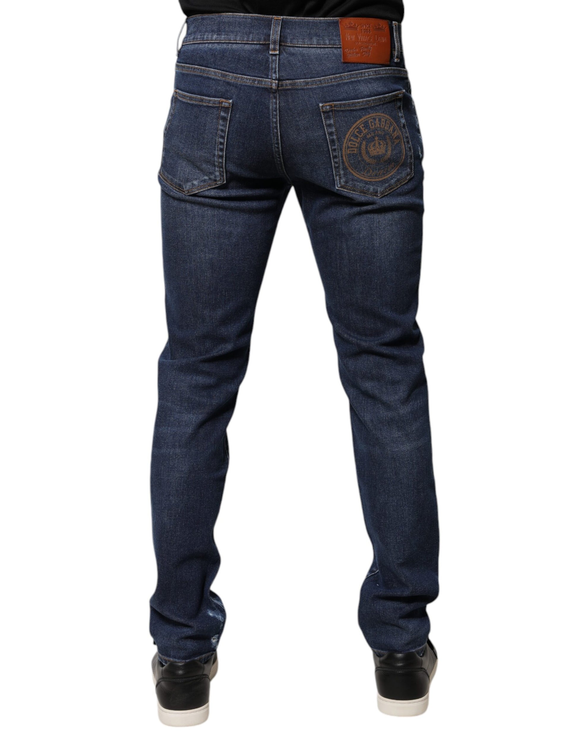 Dolce & Gabbana Blue Cotton Logo Print Slim Fit Denim Jeans by Dolce & Gabbana