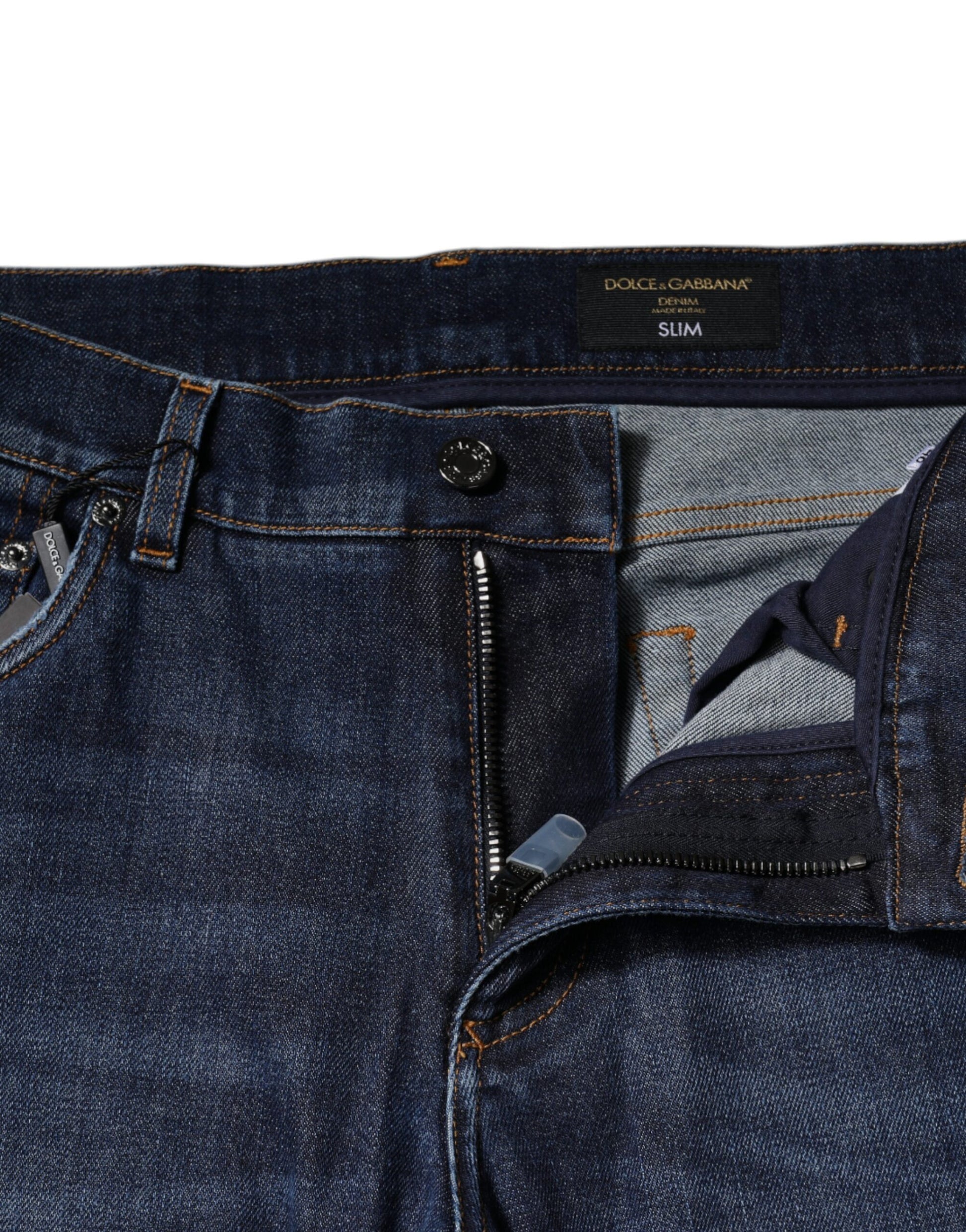 Dolce & Gabbana Blue Cotton Logo Print Slim Fit Denim Jeans by Dolce & Gabbana