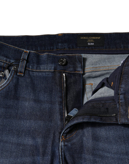 Dolce & Gabbana Blue Cotton Logo Print Slim Fit Denim Jeans by Dolce & Gabbana