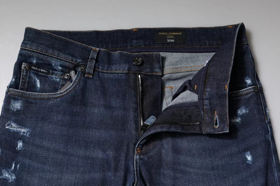 Dolce & Gabbana Blue Cotton Logo Print Slim Fit Denim Jeans by Dolce & Gabbana