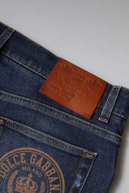 Dolce & Gabbana Blue Cotton Logo Print Slim Fit Denim Jeans by Dolce & Gabbana