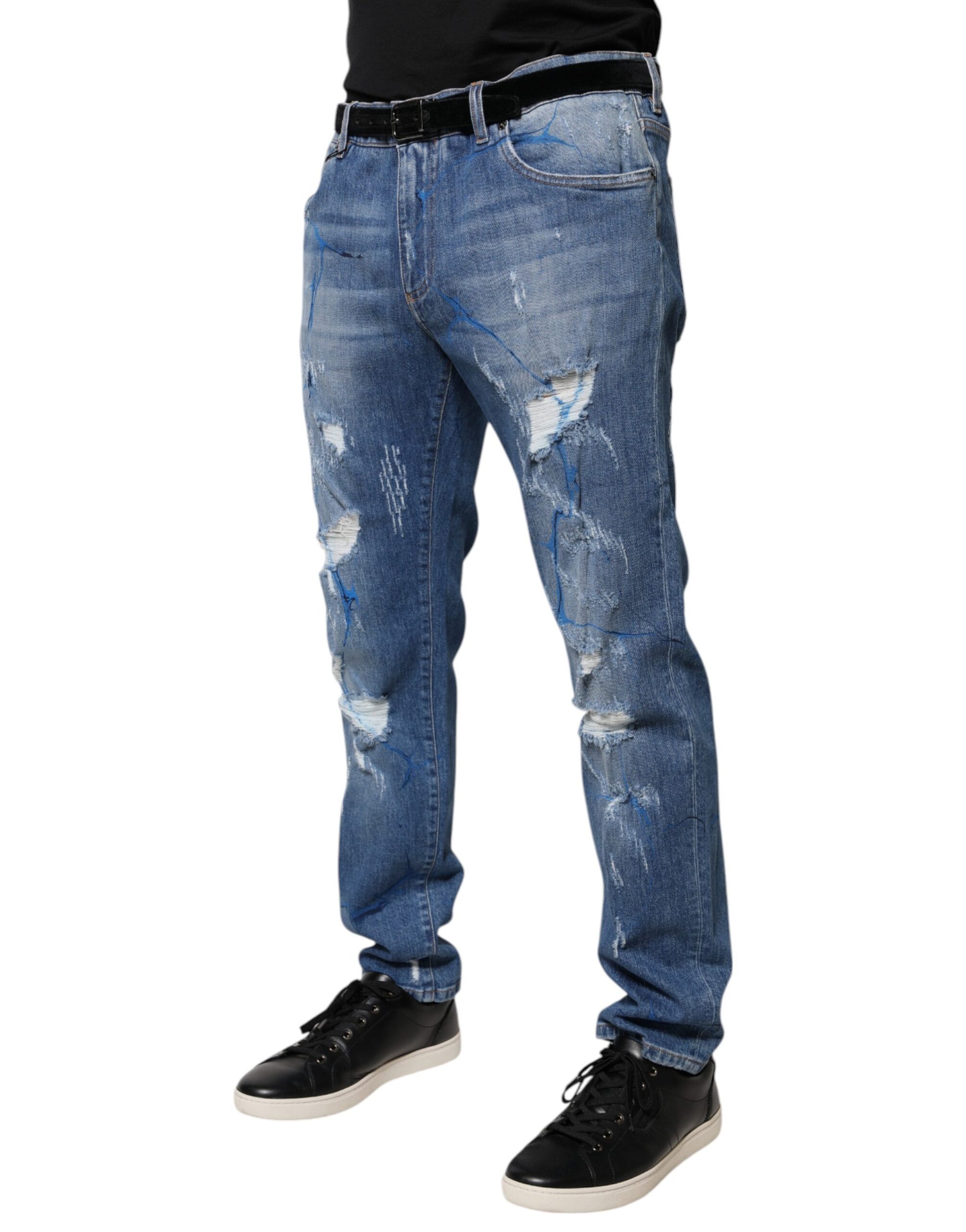 Dolce & Gabbana Blue Cotton Stretch Tattered Skinny Denim Jeans by Dolce & Gabbana