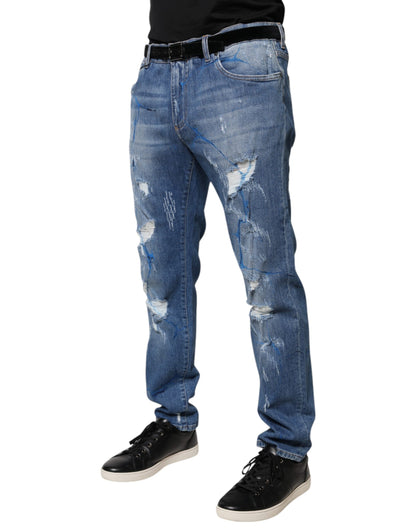 Dolce & Gabbana Blue Cotton Stretch Tattered Skinny Denim Jeans by Dolce & Gabbana
