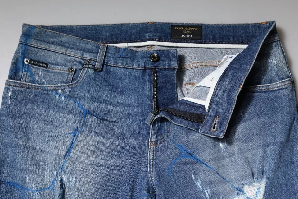 Dolce & Gabbana Blue Cotton Stretch Tattered Skinny Denim Jeans by Dolce & Gabbana