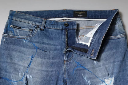 Dolce & Gabbana Blue Cotton Stretch Tattered Skinny Denim Jeans by Dolce & Gabbana
