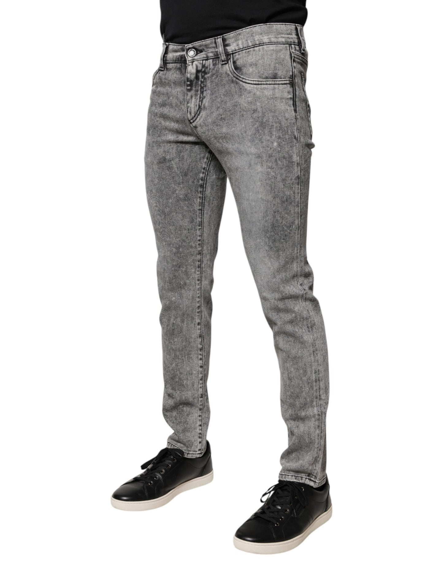 Dolce & Gabbana Gray Logo Plaque Cotton Slim Fit Denim Jeans by Dolce & Gabbana