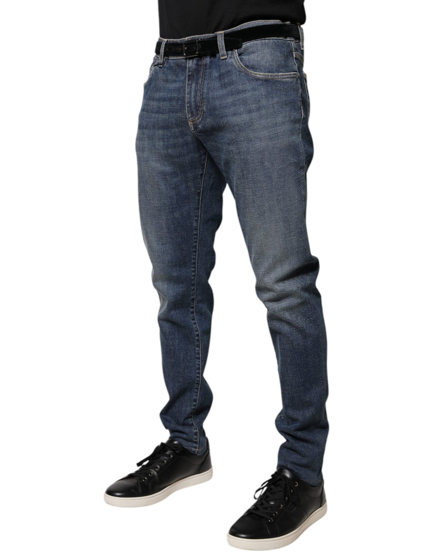 Dolce & Gabbana Blue Logo Plaque Cotton Skinny Denim Jeans by Dolce & Gabbana