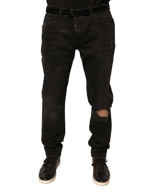 Dolce & Gabbana Black Ripped Logo Cotton Skinny Denim Jeans by Dolce & Gabbana