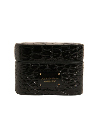 Dolce &amp; Gabbana Black Leather Metal Logo Plaque Holder Airpods Case