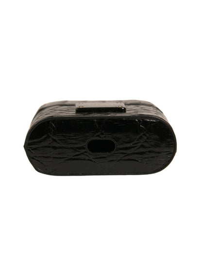 Dolce &amp; Gabbana Black Leather Metal Logo Plaque Holder Airpods Case