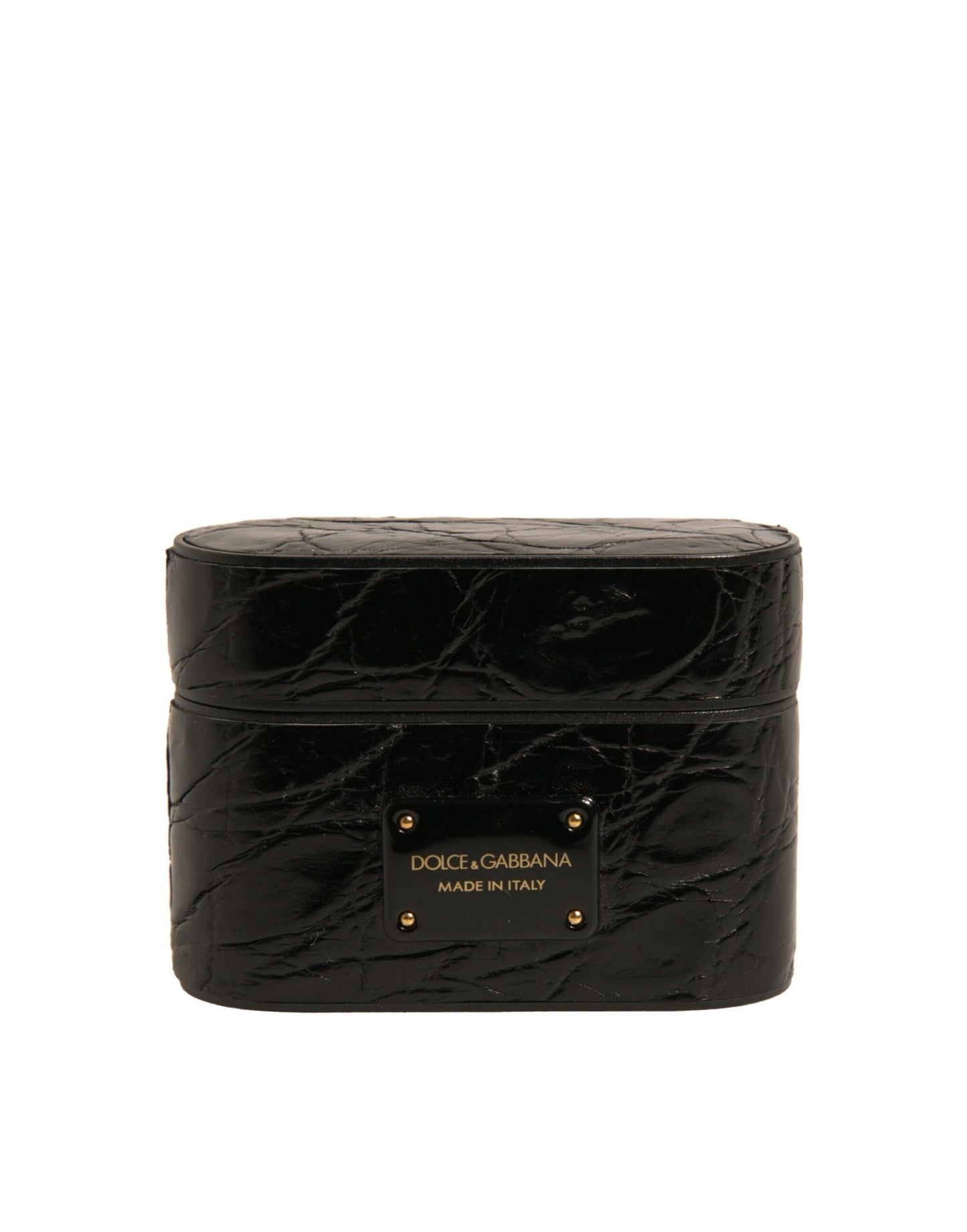 Dolce &amp; Gabbana Black Leather Metal Logo Plaque Holder Airpods Case