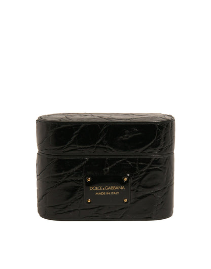 Dolce &amp; Gabbana Black Leather Metal Logo Plaque Holder Airpods Case