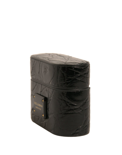 Dolce &amp; Gabbana Black Leather Metal Logo Plaque Holder Airpods Case