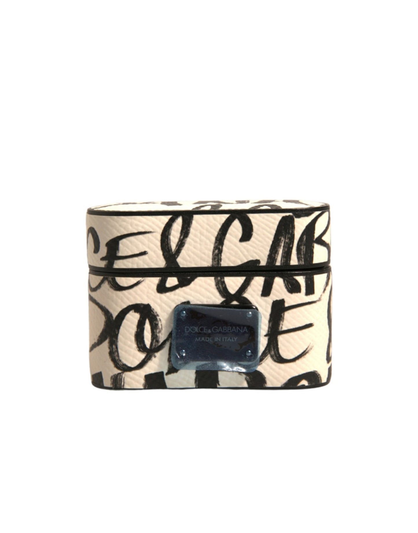 Dolce &amp; Gabbana Black White Leather Scribble Embossed Logo Airpods Case
