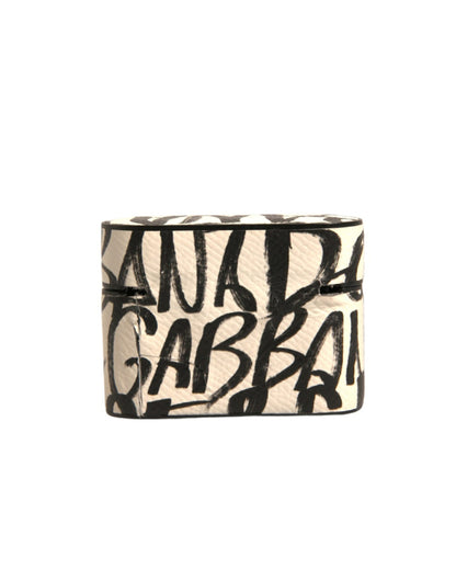 Dolce &amp; Gabbana Black White Leather Scribble Embossed Logo Airpods Case