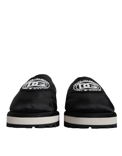 Dolce &amp; Gabbana Black Nylon Quilted Logo Patch Sandals Slides Shoes