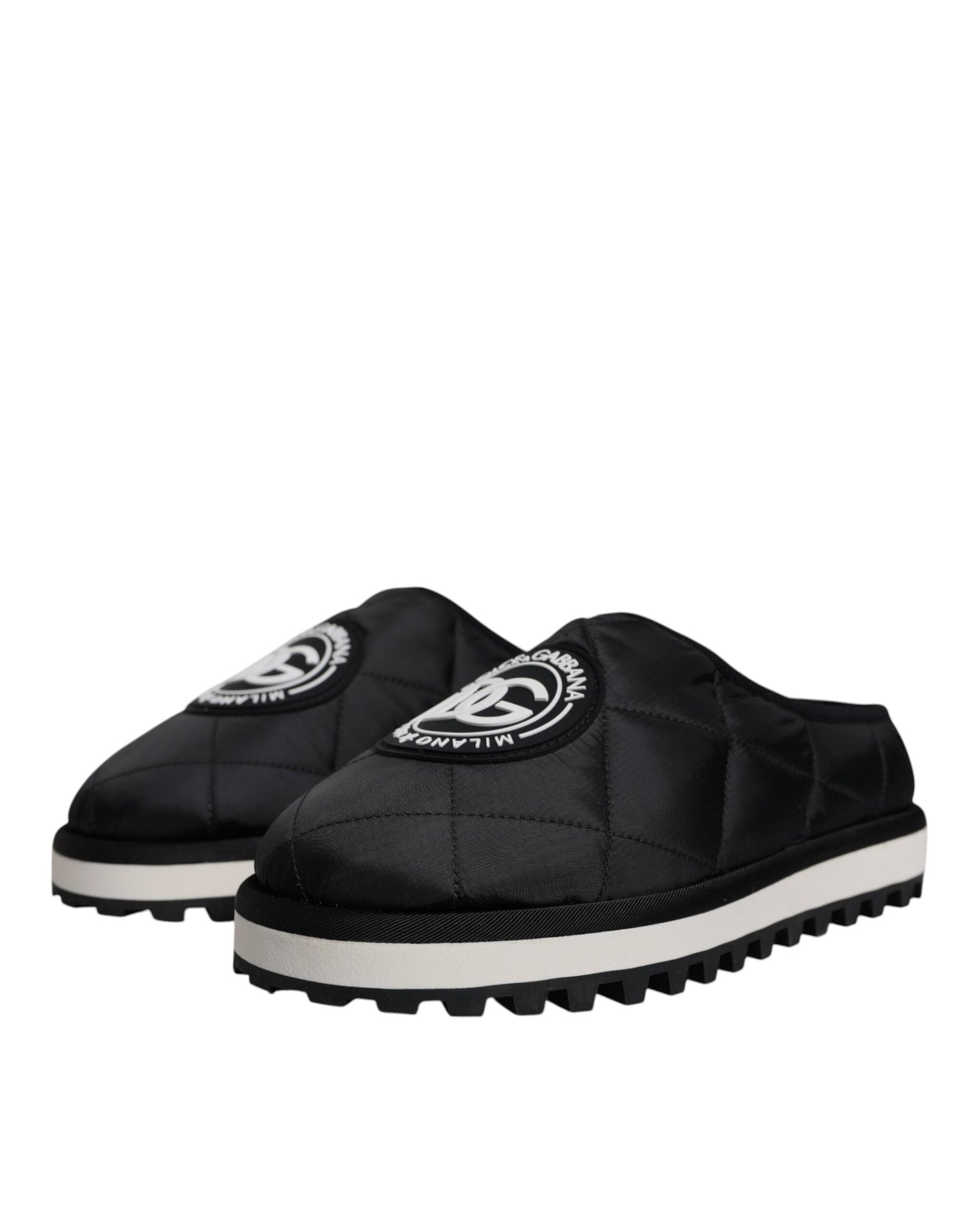 Dolce &amp; Gabbana Black Nylon Quilted Logo Patch Sandals Slides Shoes