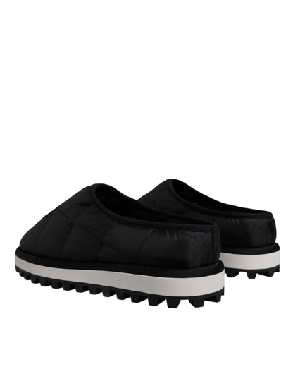 Dolce &amp; Gabbana Black Nylon Quilted Logo Patch Sandals Slides Shoes