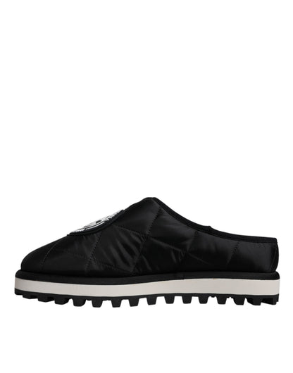 Dolce &amp; Gabbana Black Nylon Quilted Logo Patch Sandals Slides Shoes