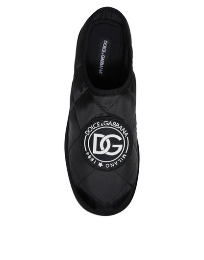 Dolce &amp; Gabbana Black Nylon Quilted Logo Patch Sandals Slides Shoes